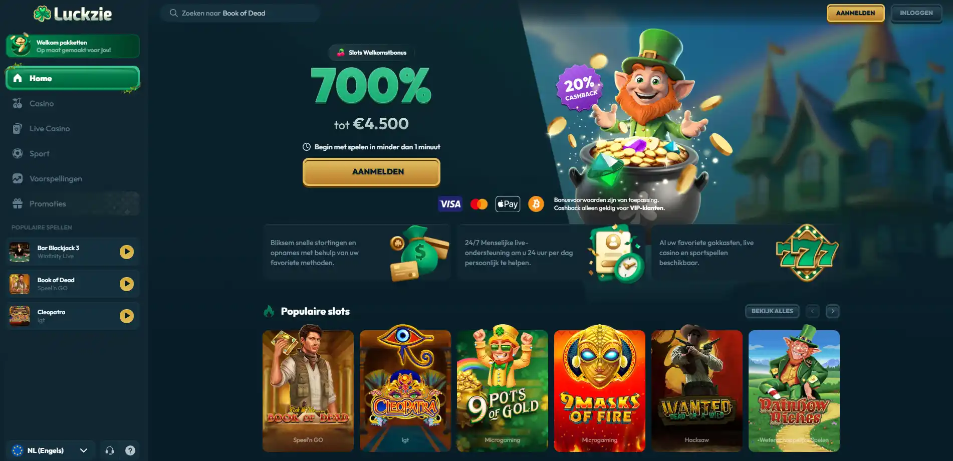 Actuele computerweergave van de officiële Luckzie-startpagina