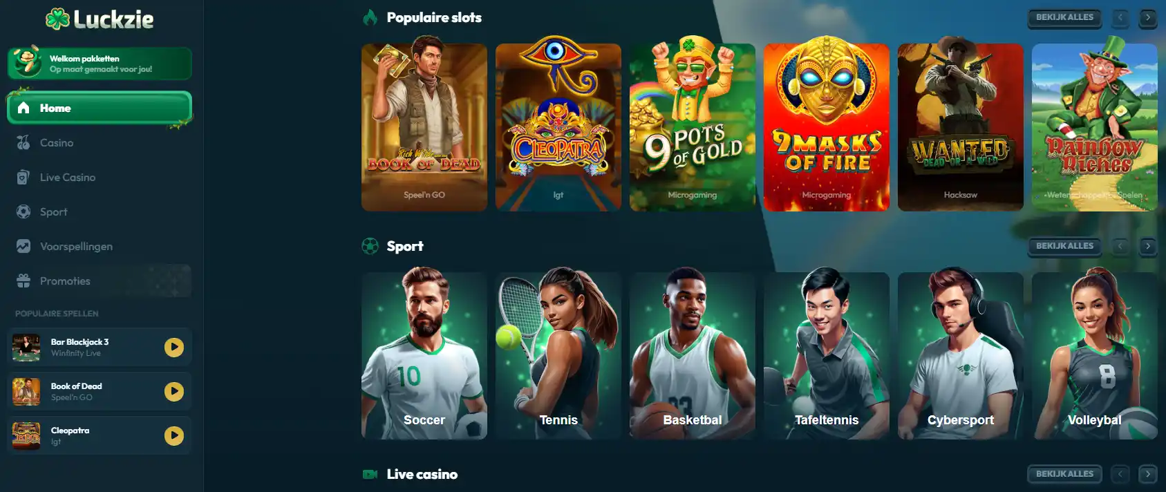 Actuele Luckzie-spellobby met zichtbare spelcategorieën